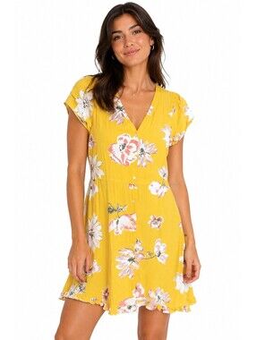 LOFT Yellow Floral Button Front Flutter Sleeve V-Neck Cottage Mini Dress Size 6